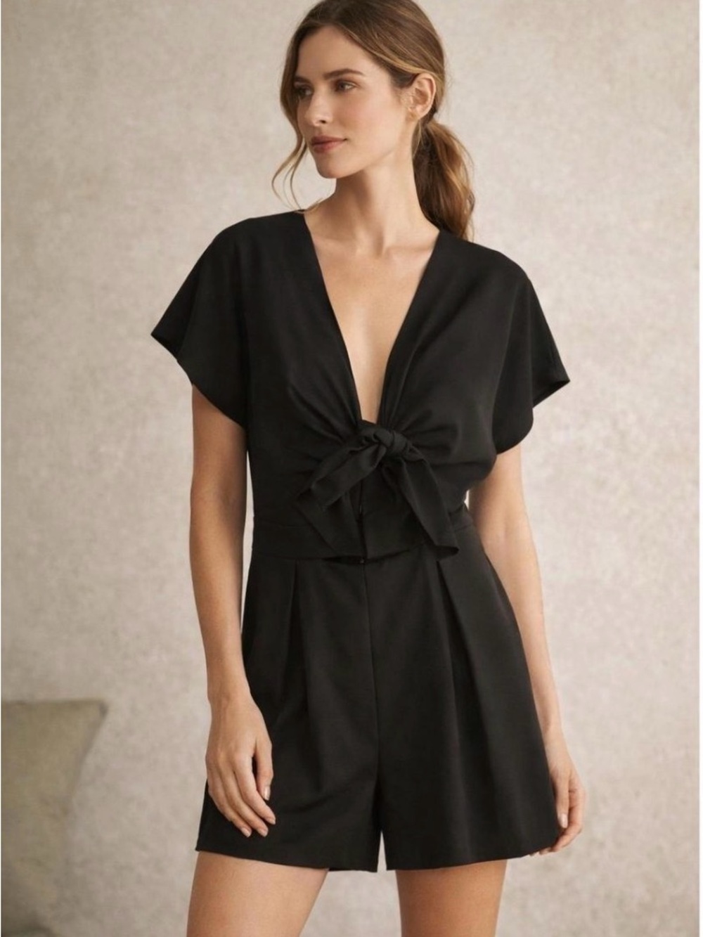 Jay Godfrey Kent Black Bow Front Cutout Pleated Romper Sz 4 NWT